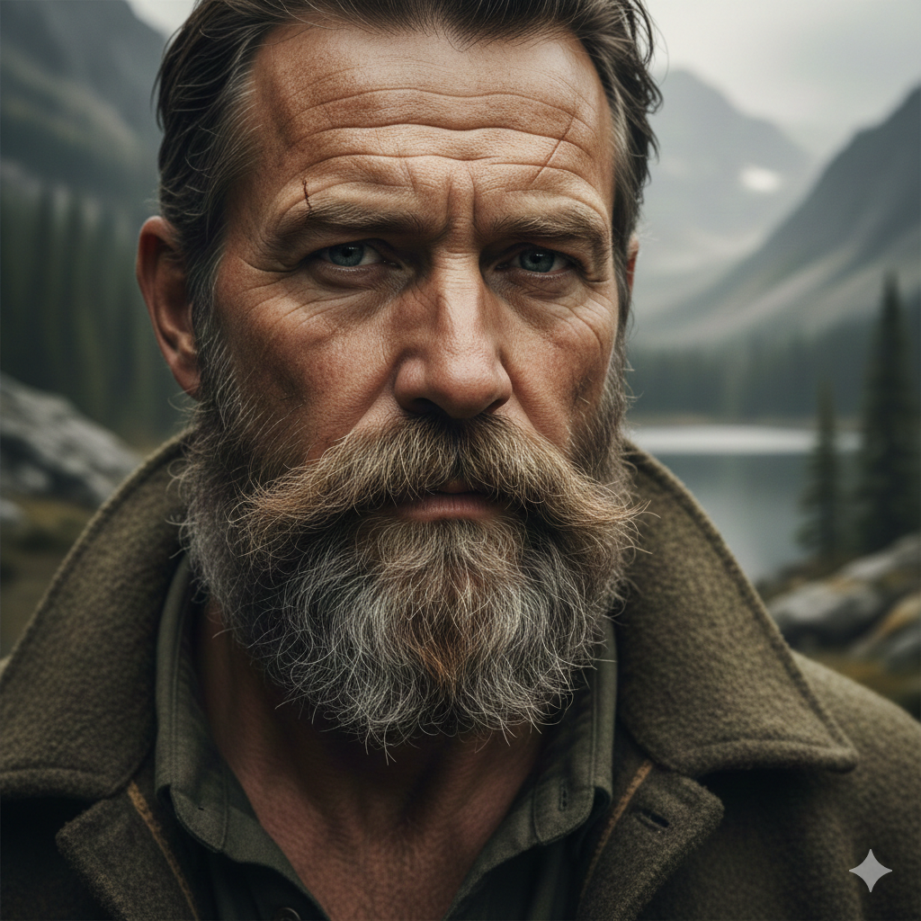 A rugged close-up portrait of a mature man