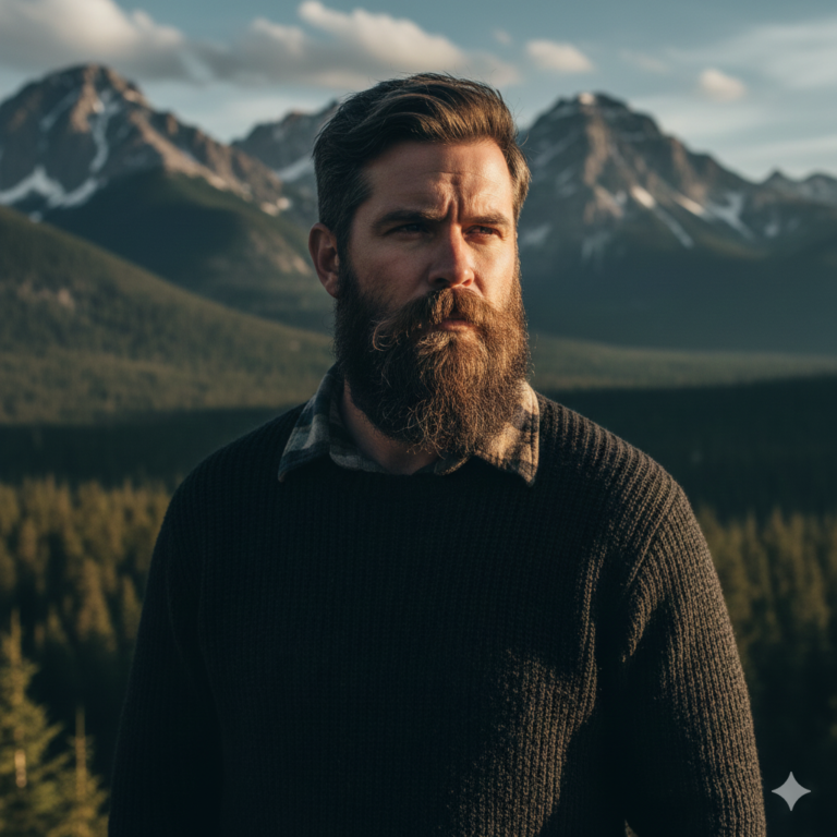 A rugged man with a full dense beard and defined mustache