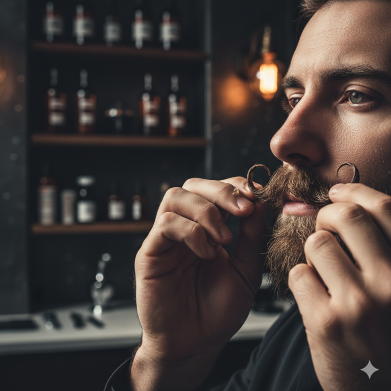 A slow-motion style portrait of a man twisting his mustache into elegant curls.