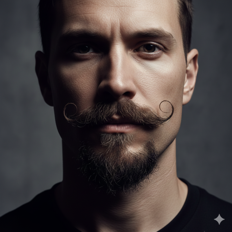 A stylish man wearing a pointed goatee paired with a shaped mustache