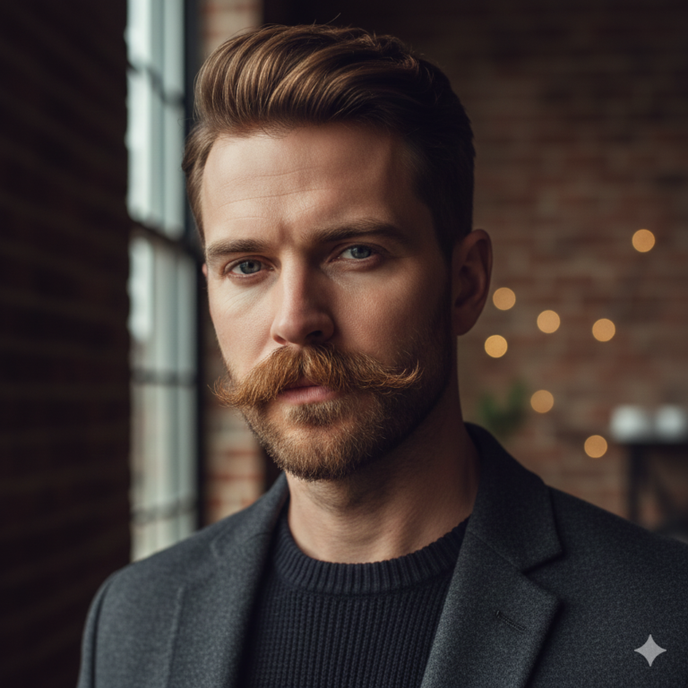 A stylish modern man with a full Chevron mustache