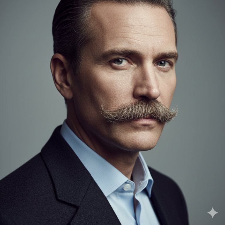 A tidy yet full walrus mustache on a well-groomed man