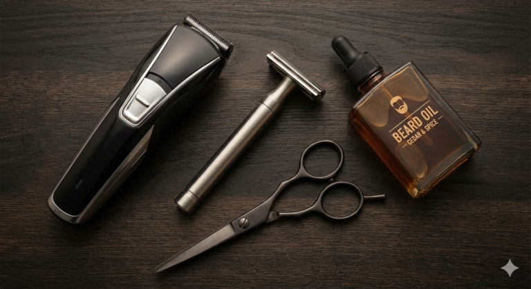 Aesthetic flat lay of beard trimmer, precision razor, beard scissors, and beard oil bottle .