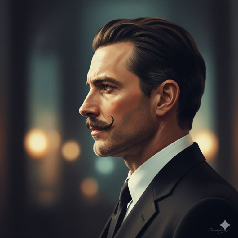 Artistic portrait of a man with a curved pencil mustache