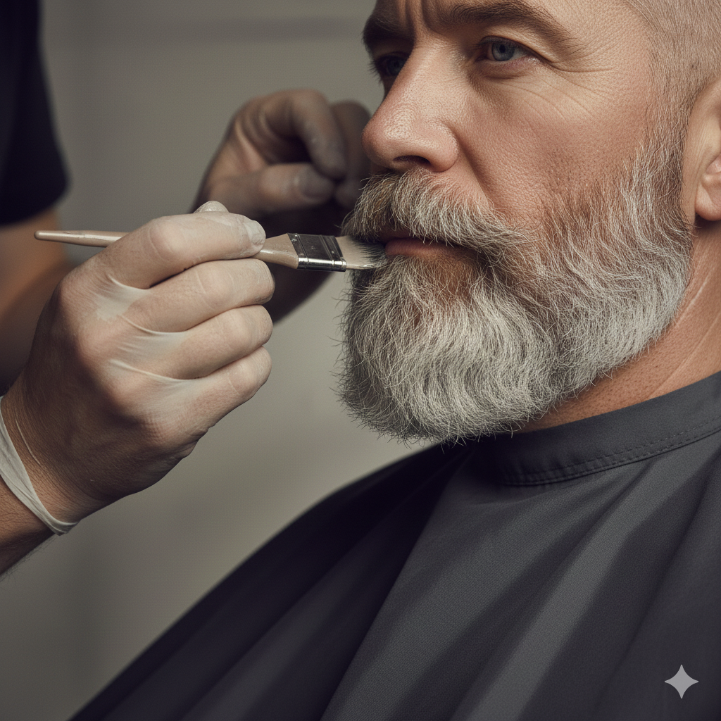Barber applying subtle grey blending tint to beard