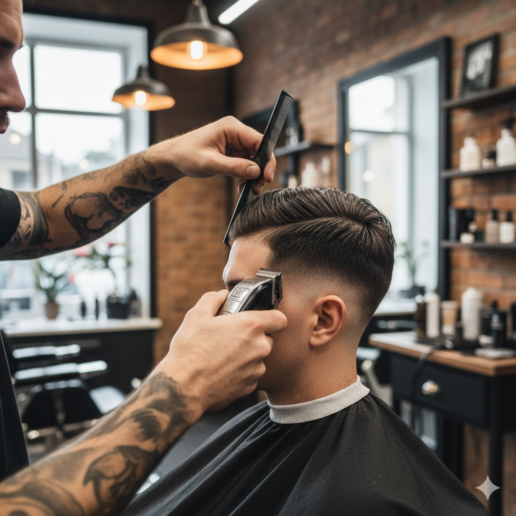Barber cutting a French crop mid fade in a modern barbershop.