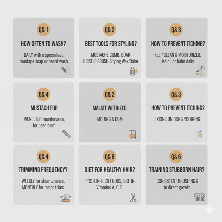 Clean minimalist Q&A infographic panels about mustache care.