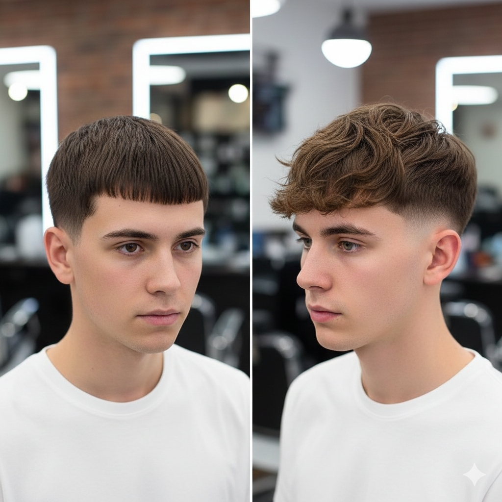 Close-up hairstyle shots of French crop taper fade on straight and wavy hair textures.