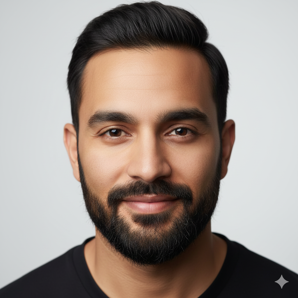 Close-up of South Asian man with soft patchy beard shaped