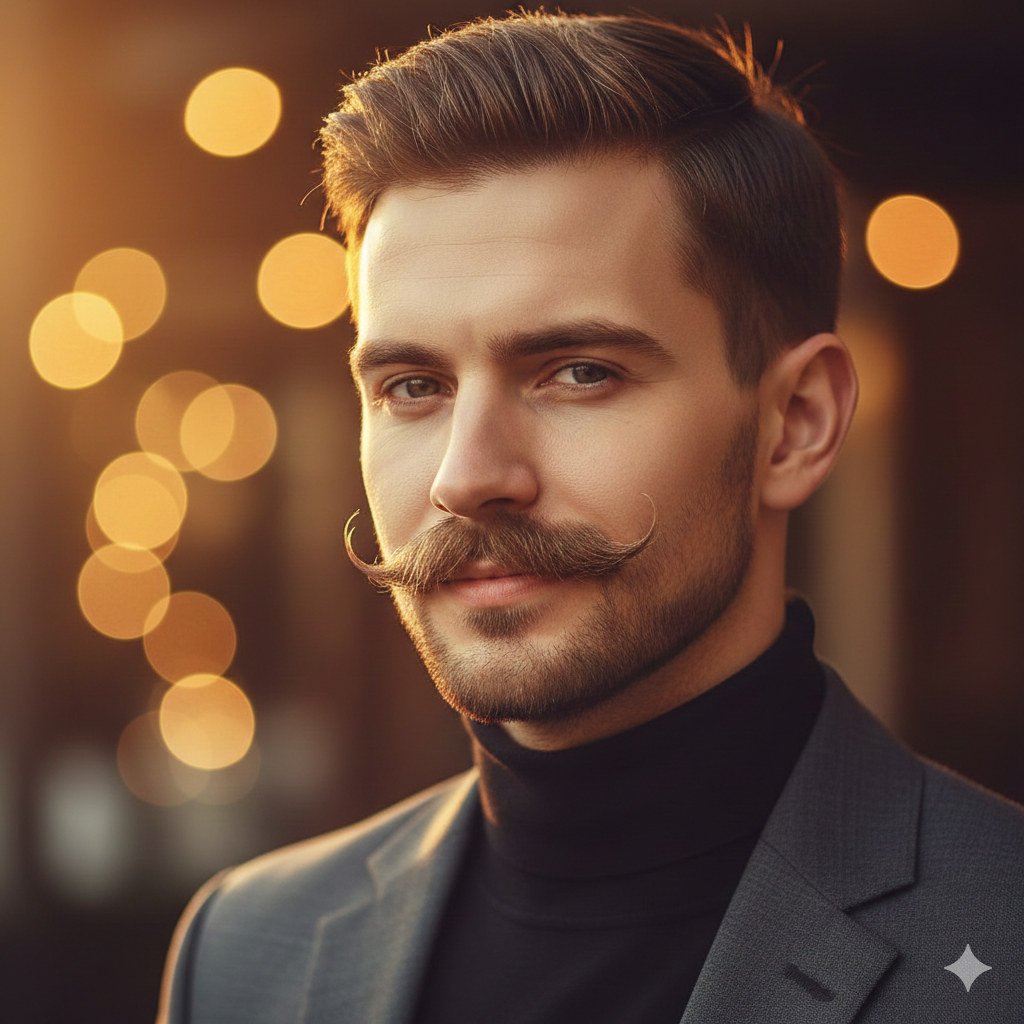 Close-up portrait of a stylish modern man with a Lampshade mustache.