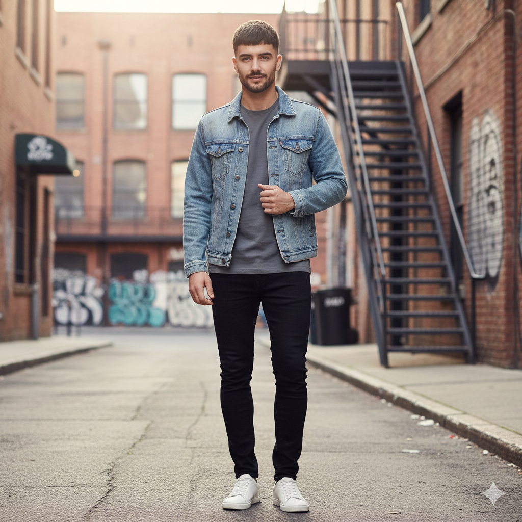 Confident male model wearing a French crop mid fade haircut.