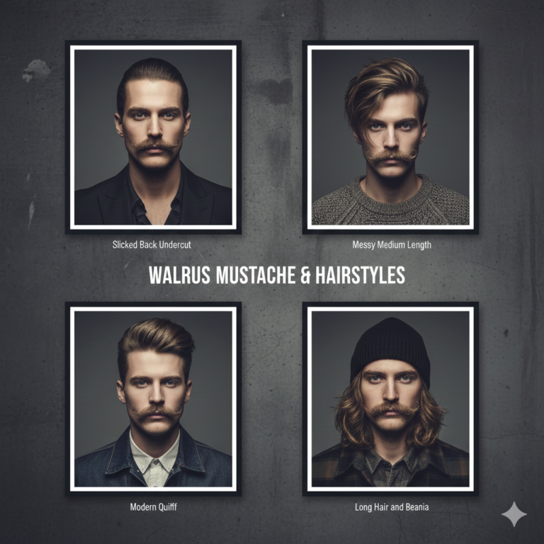 Editorial collage showcasing different hairstyles worn with a walrus mustache