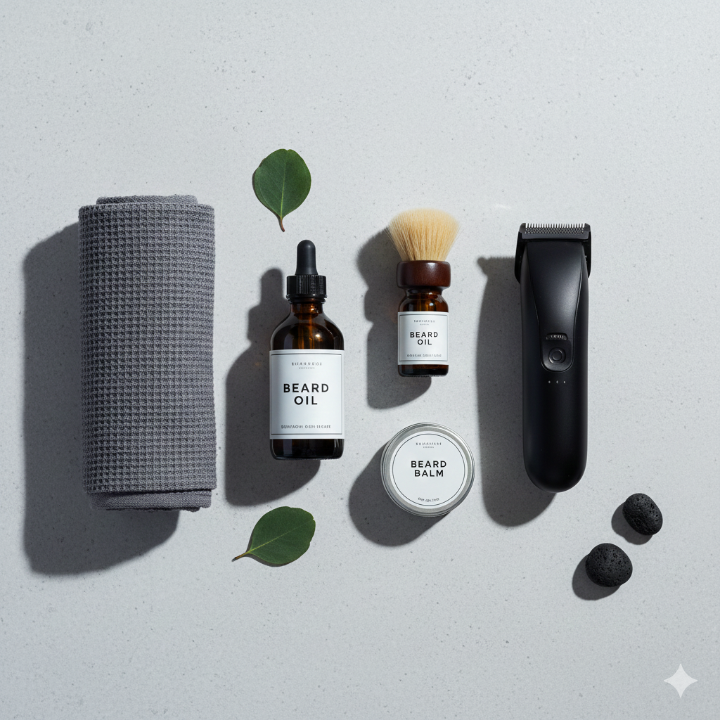 Flat-lay of beard care tools