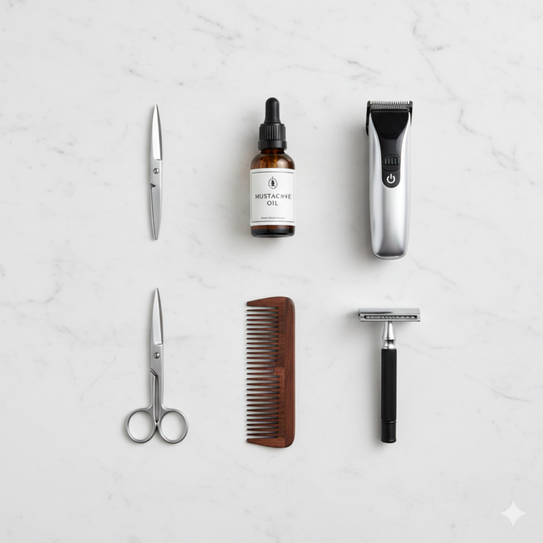 Flat lay of grooming tools for mustache .