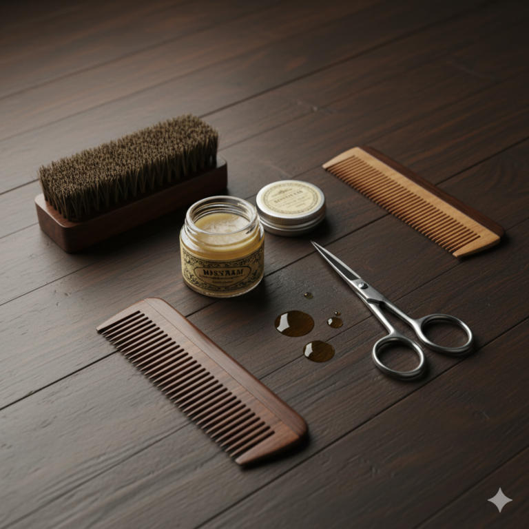 Flat-lay photo of grooming tools mustache scissors,