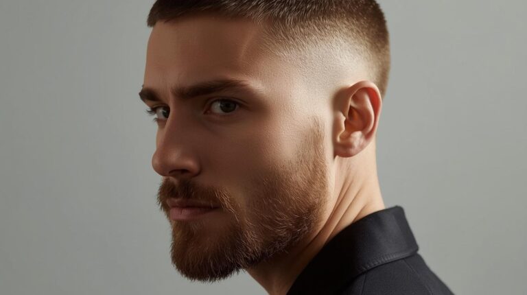 French crop haircut paired with a neatly groomed beard