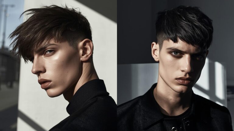 French crop hairstyles with textured fringes, urban styling, high-contrast lighting.