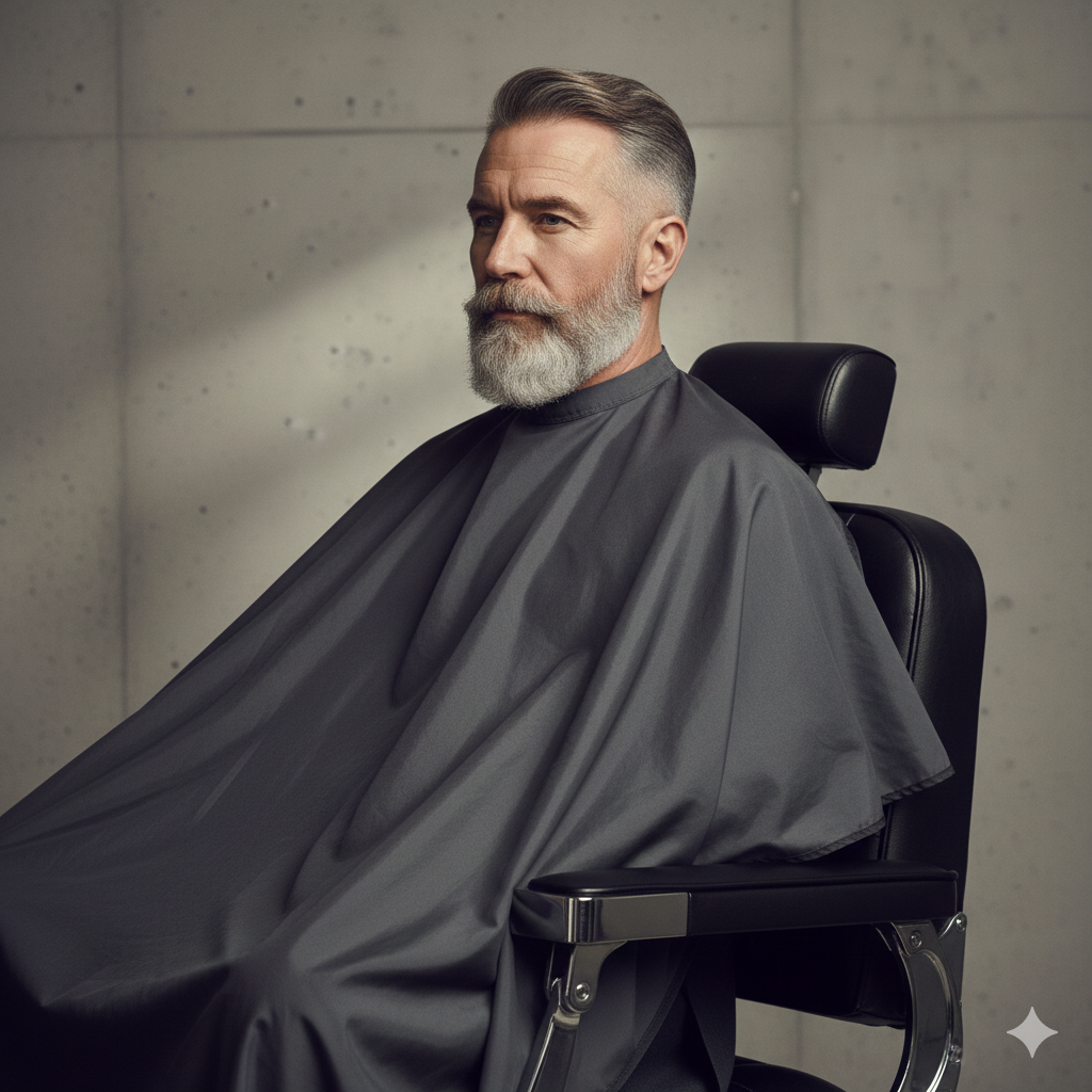 Grey beard with short fade on sides