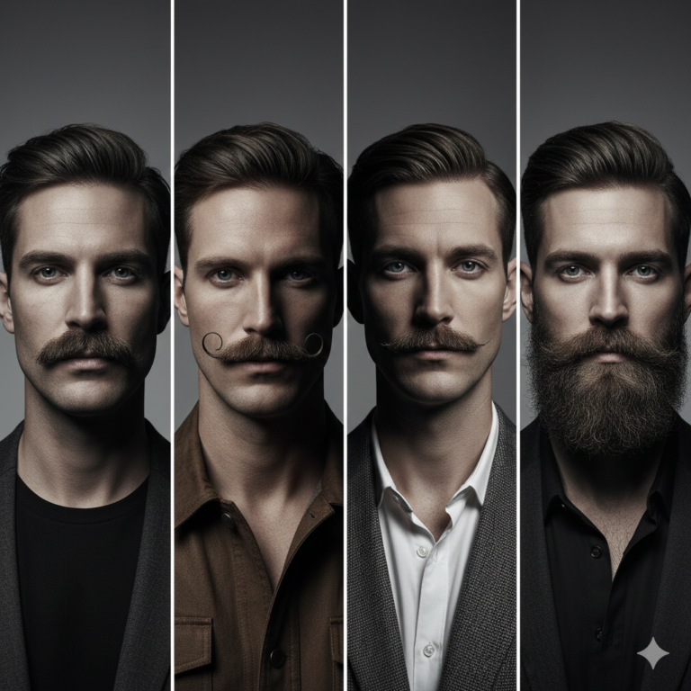 High-contrast cinematic portrait of diverse modern men showcasing different mustache styles.