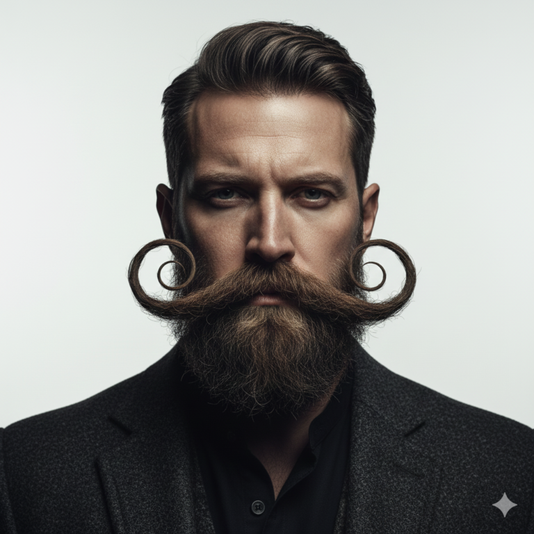 Large exaggerated handlebar curls in a fashion-focused portrait.