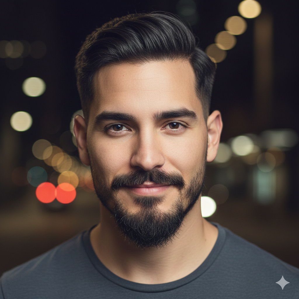 Latino male with stylish goatee and light surrounding stubble
