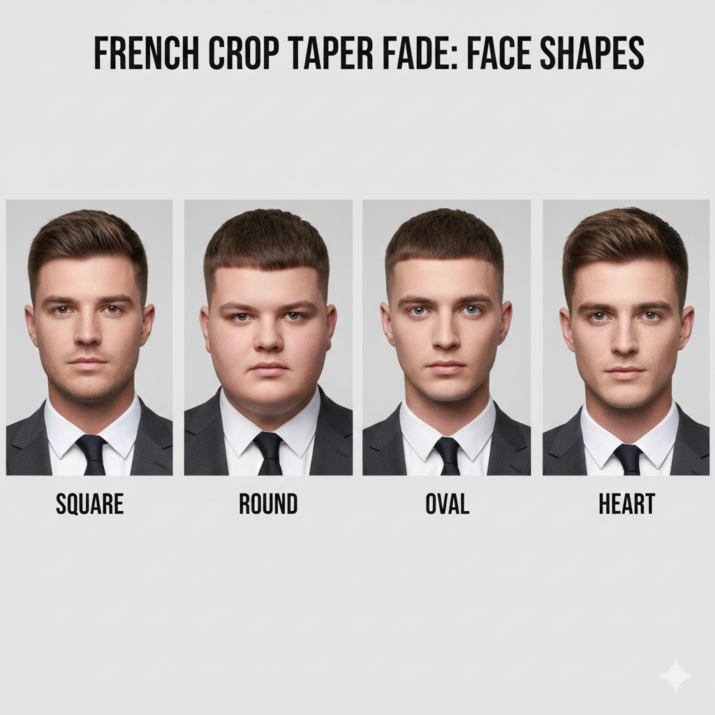 Male professionals with different face shapes wearing French crop taper fade haircuts.