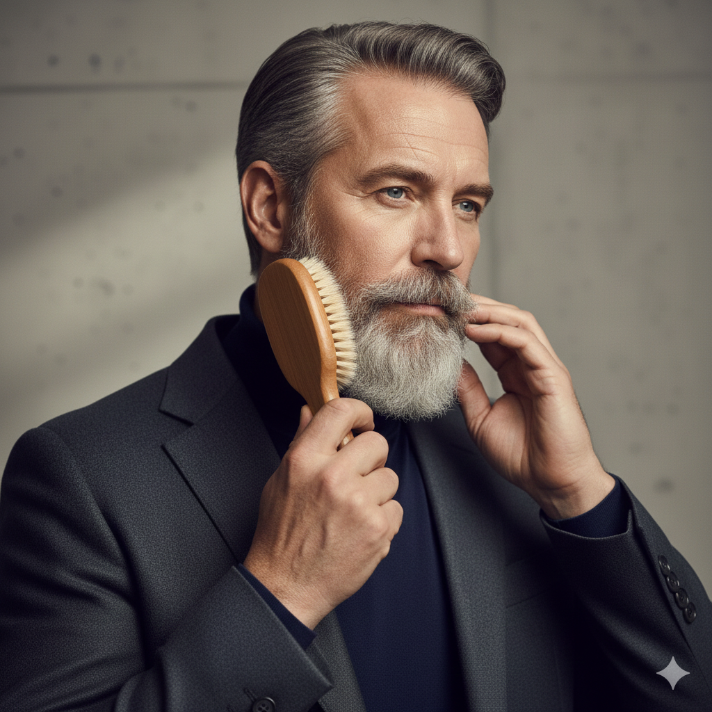 Man brushing full grey beard