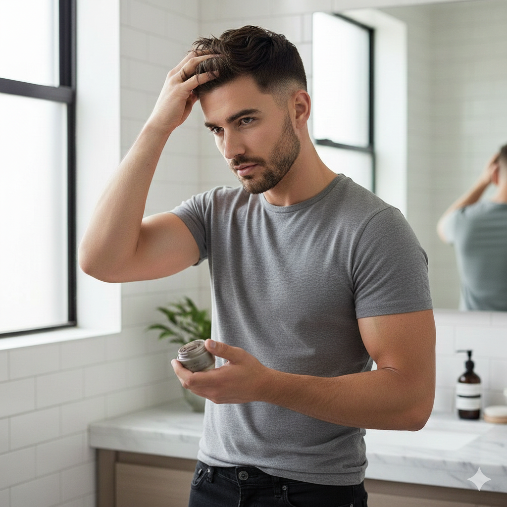 Man styling a French crop mid fade haircut.