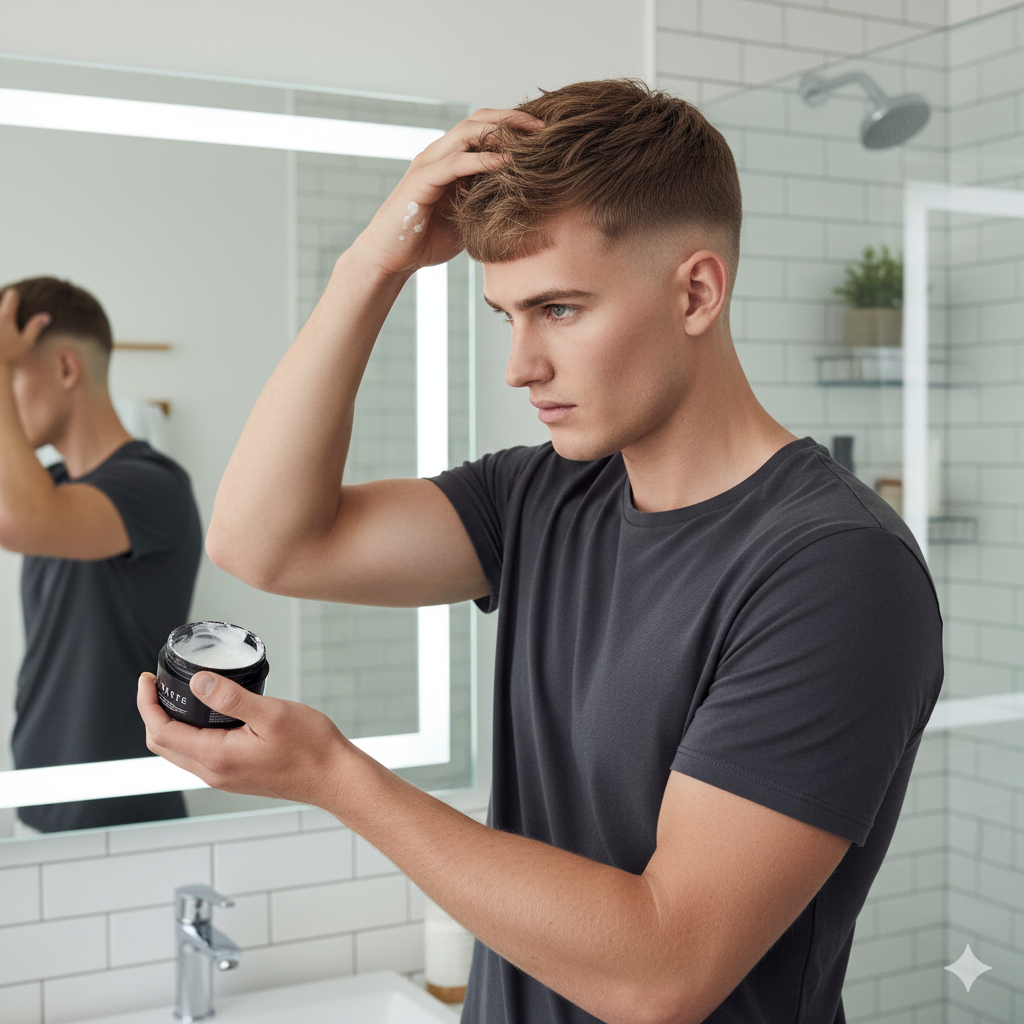 Man styling a French crop skin fade at home.