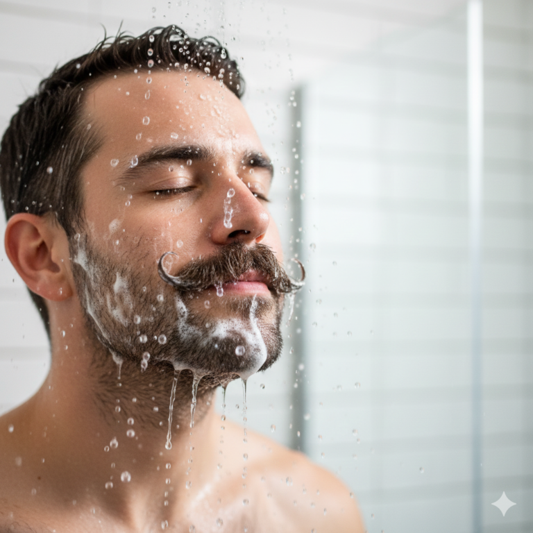 Man washing his mustache with beard shampoo
