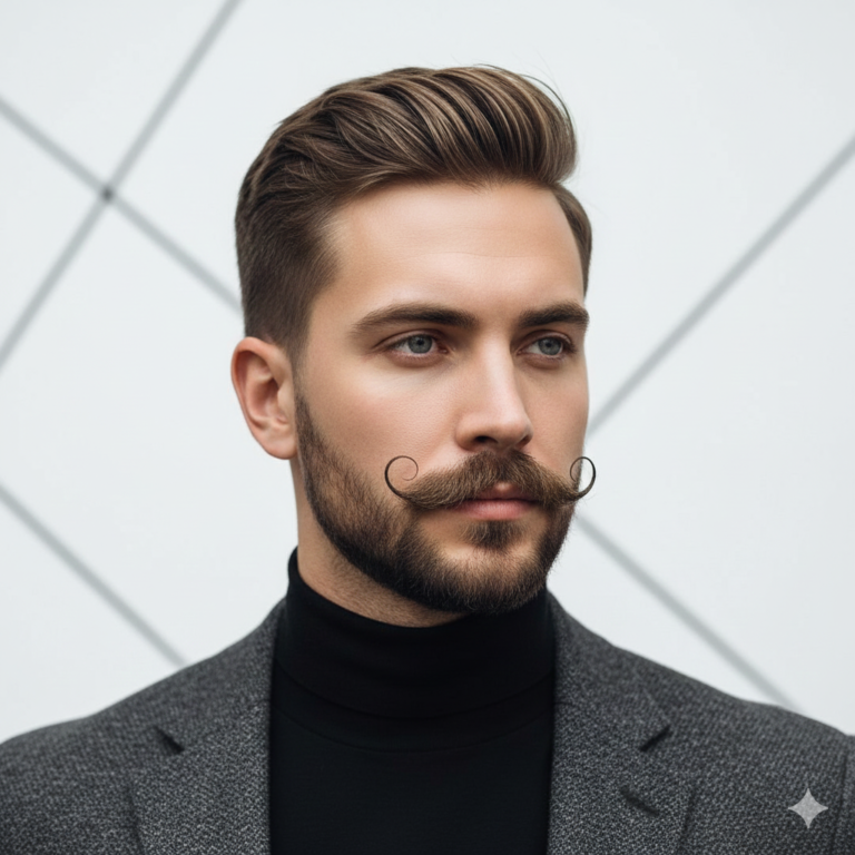 Man with a neat modern handlebar mustach.