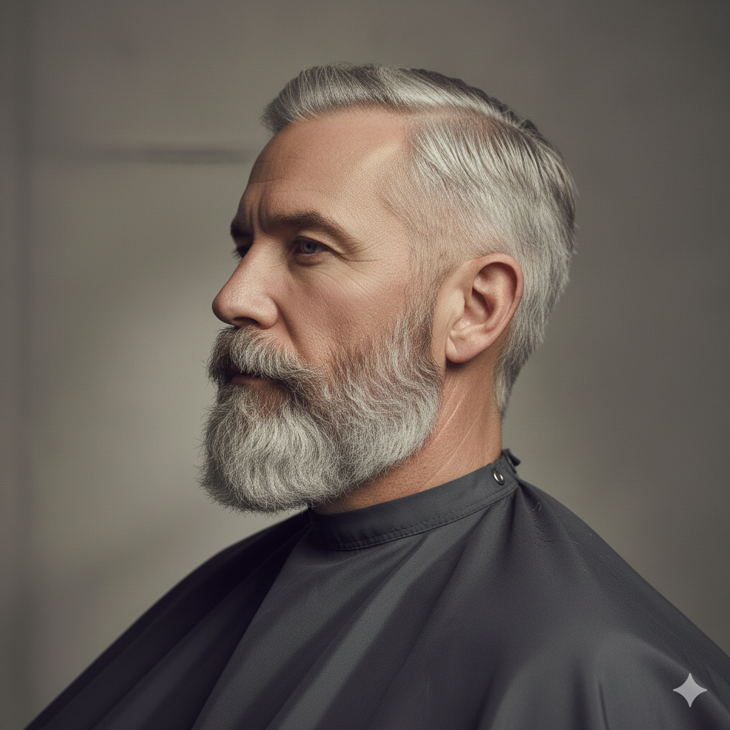 Man with sharp cheek line on a grey beard