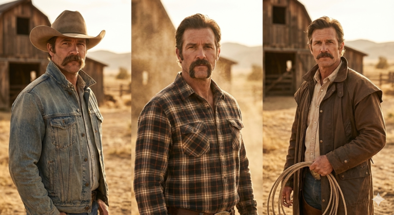 Rugged Western-style portraits of men with Walrus, Horseshoe, and Cowboy mustaches.
