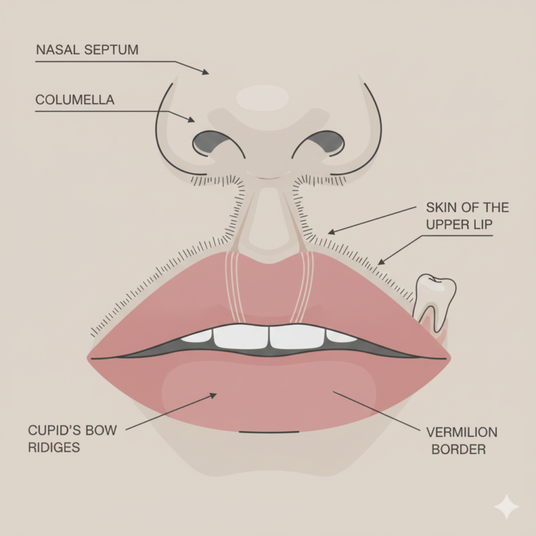 Scientific diagram of upper lip anatomy showing philtrum, ridges, vermilion border, and hair growth zones.