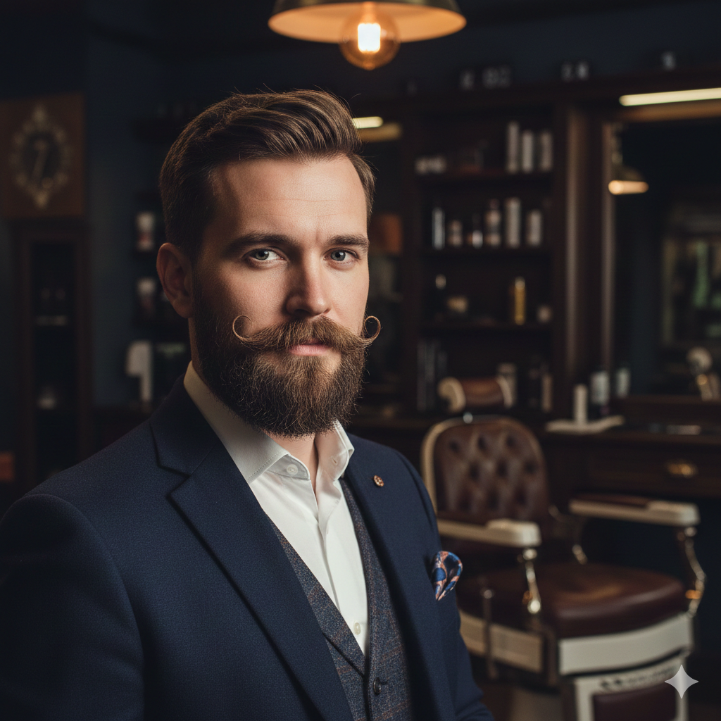 Sharp close-up portrait of a stylish man with a perfectly curled handlebar mustache.