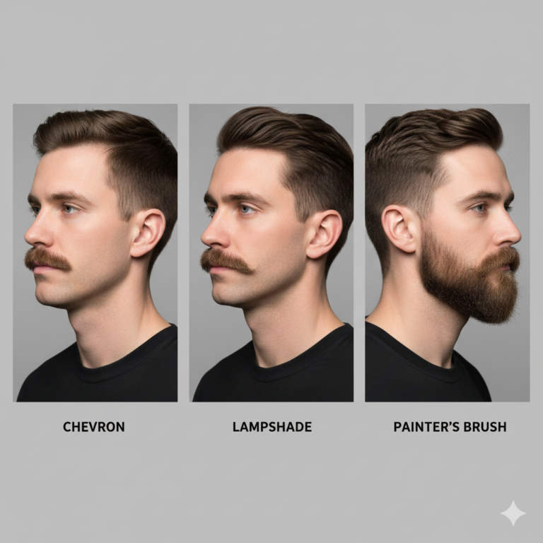Side-by-side portraits of three men each wearing Chevron, Lampshade, and Painter’s Brush mustaches.