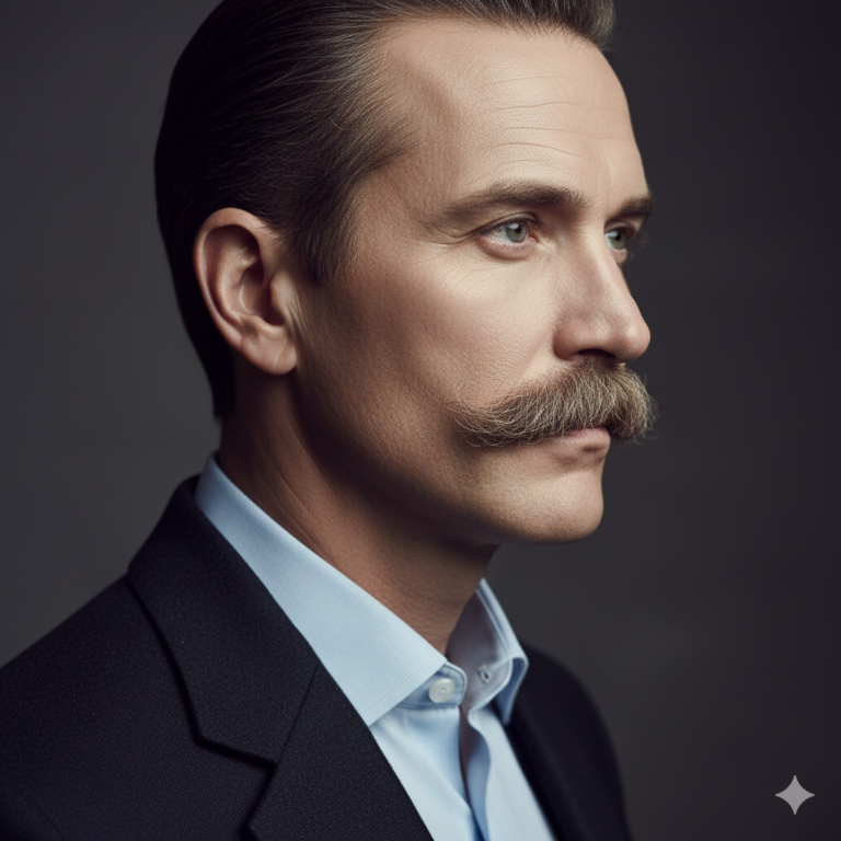 Side-profile portrait showing curved walrus mustache ends