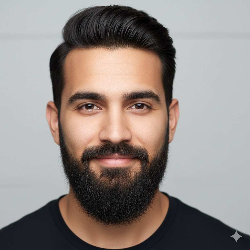 “Close-up of South Asian man with soft patchy beard shaped into clean short style with strong line-up.”