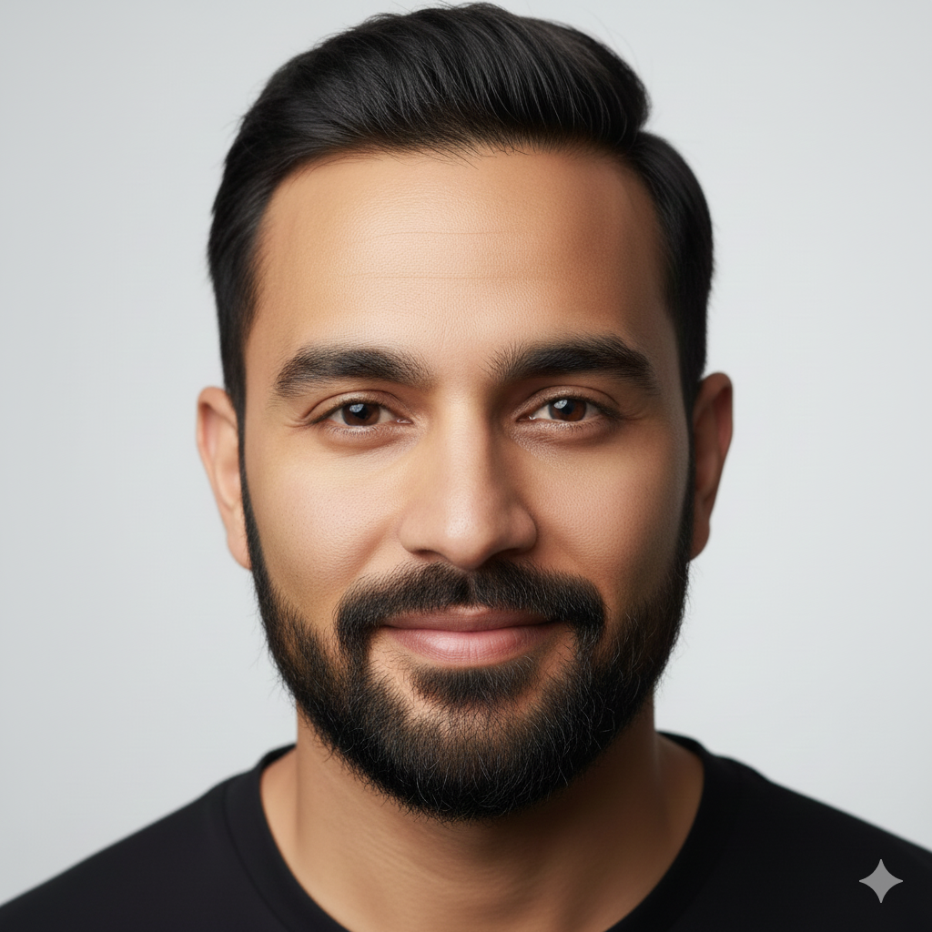 South Asian man with even stubble and clean cheek line