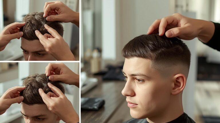 Step-by-step visual of styling a French crop fade haircut