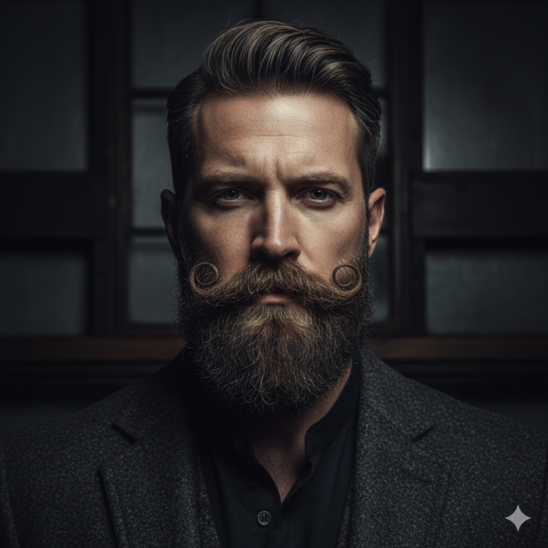 Strong masculine portrait featuring a thick, heavy handlebar mustache.