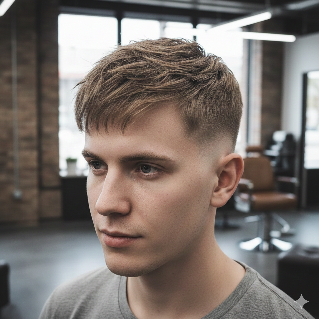 A French crop haircut on a man with thin hair, textured top and clean fade.