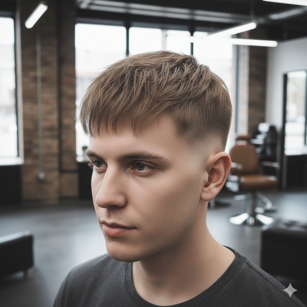 A French crop with taper fade on thin hair.