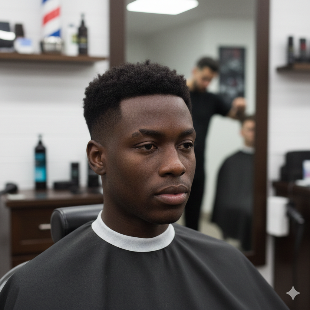 A French crop with taper fade, subtle blending, neat professional men’s haircut.