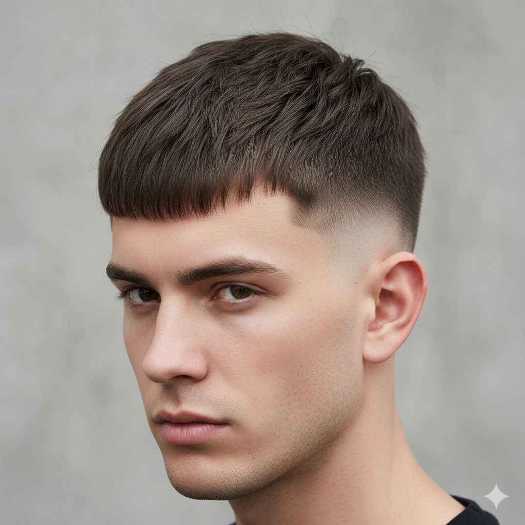A clean French crop haircut with sharp edges and tidy fade, modern men’s grooming photography.