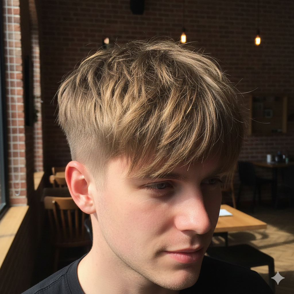 A long French crop haircut with textured top and fringe, modern men’s hairstyle.