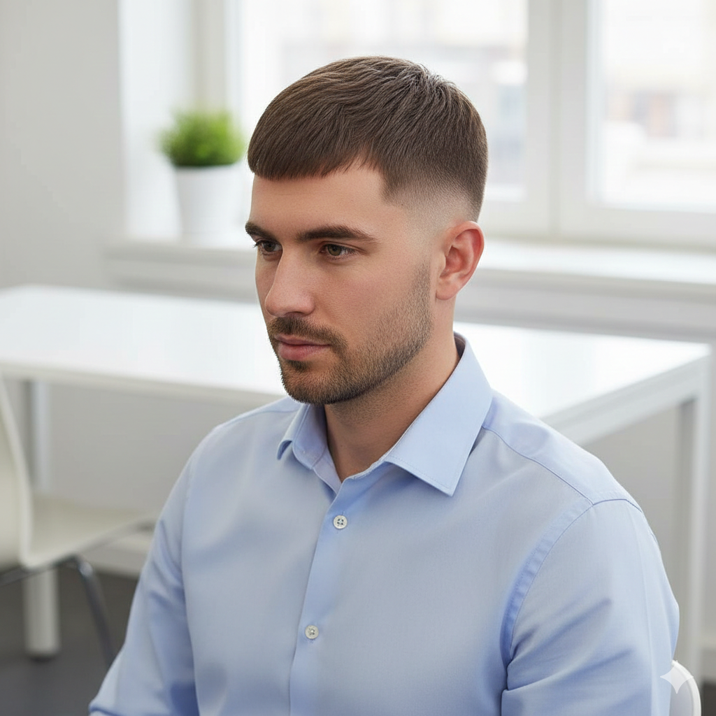 A modern French crop haircut with low fade