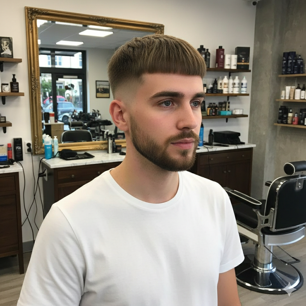 A modern French crop haircut with mid fade.