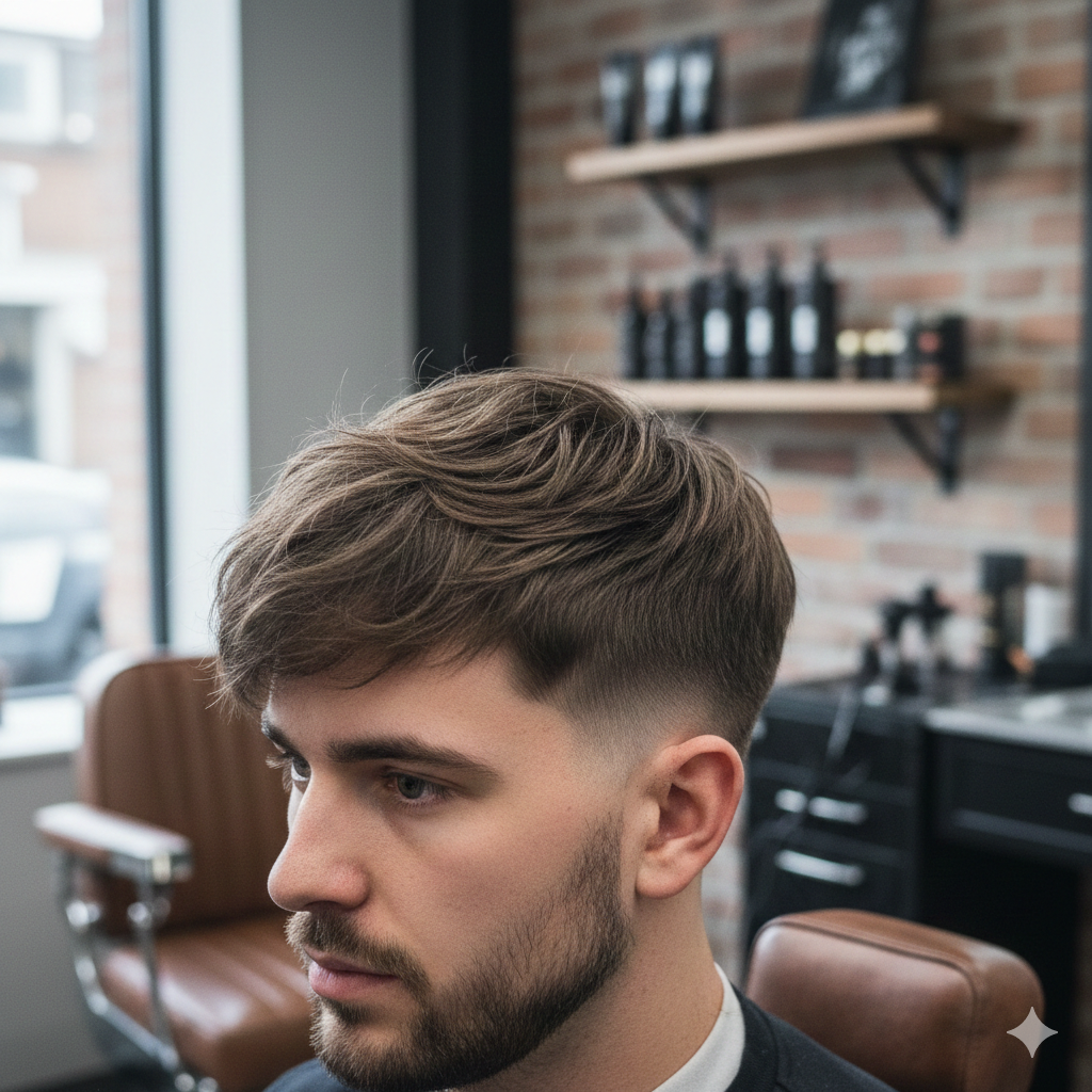 A modern French crop haircut with natural texture and clean fade.