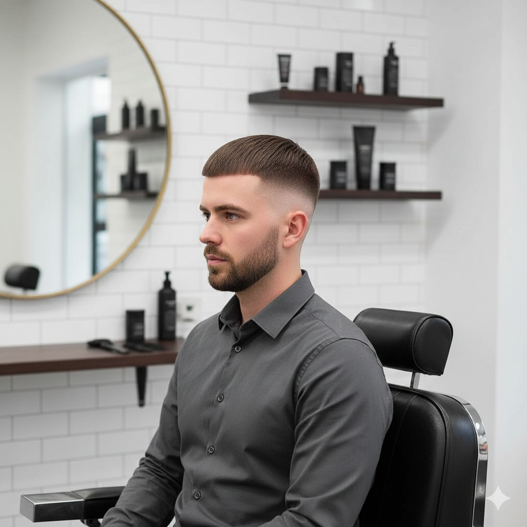 A modern French crop with taper fade.